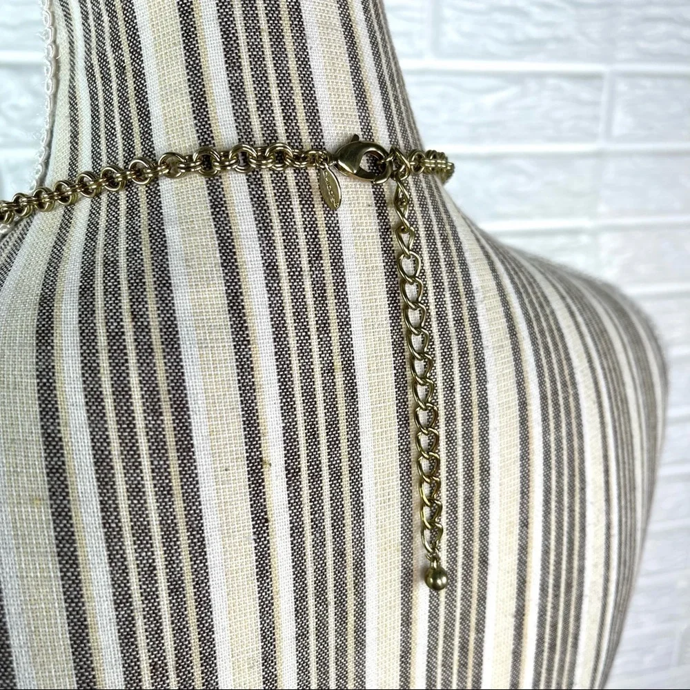 Chico’s Long Gold Tone Statement Necklace Brown Faux Wood and Green Beads - Picture 5 of 5